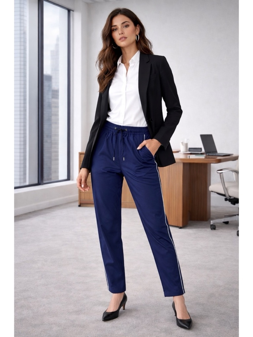 Wildfang Women’s The Essential Piped Drawstring Pant Navy Size Large 34x31